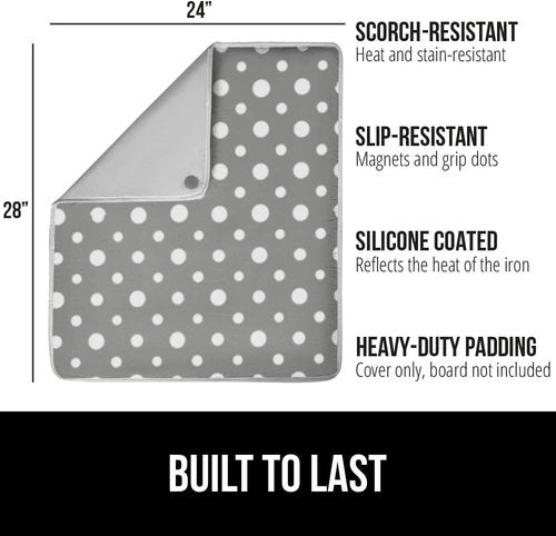 GORILLA GRIP The Original Ironing Board Cover and Pad, Silicone Coating, 400°F Scorch Resistant Thick Padding, Heavy Duty Iron Covers Standard Boards, Hook and Loop Fastener Strap, Polka Dots 28x24