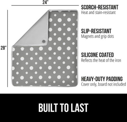 GORILLA GRIP The Original Ironing Board Cover and Pad, Silicone Coating, 400°F Scorch Resistant Thick Padding, Heavy Duty Iron Covers Standard Boards, Hook and Loop Fastener Strap, Polka Dots 28x24