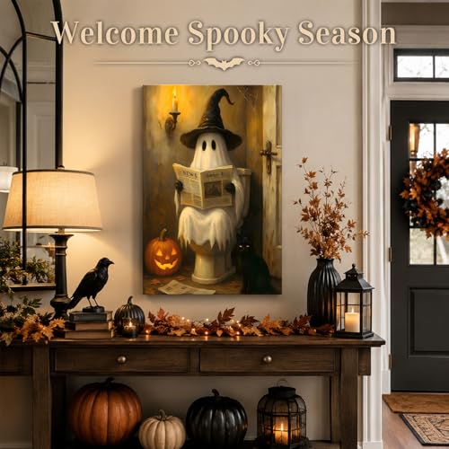 Halloween Ghost Bathroom Canvas Wall Art 8x12 Inches - Spooky Toilet Scene - Dark Halloween Home Decor - Pictures15