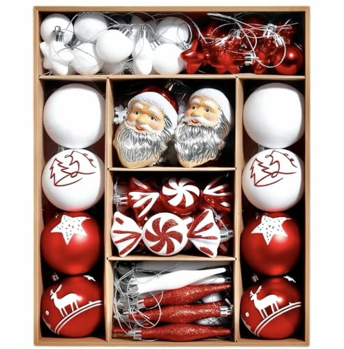 Red and White Christmas Tree Ornaments Set - 70 Pcs Holiday Decorations