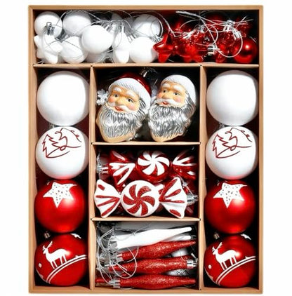 Red and White Christmas Tree Ornaments Set - 70 Pcs Holiday Decorations