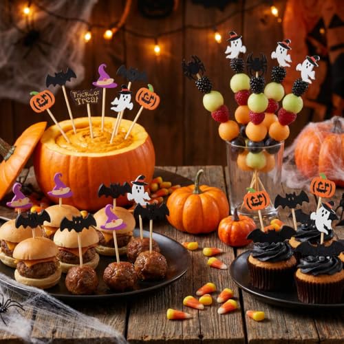 Halloween Cocktail Picks Set 100pcs Pumpkin Ghost Bat Party Toothpicks - Spooky Decorations