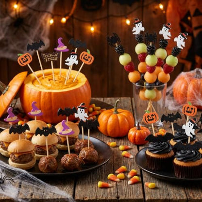 Halloween Cocktail Picks Set 100pcs Pumpkin Ghost Bat Party Toothpicks - Spooky Decorations