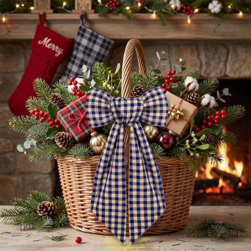 Navy Blue Linen Plaid Wreath Sash for Front Door - Holiday & Event Decor