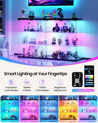 Black 3-Tier Glass Display Cabinet with RGB LED Lights and Charging Station