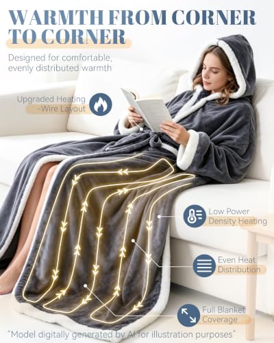 Wearable Heated Blanket with Hood and Foot Pockets - 1pcs