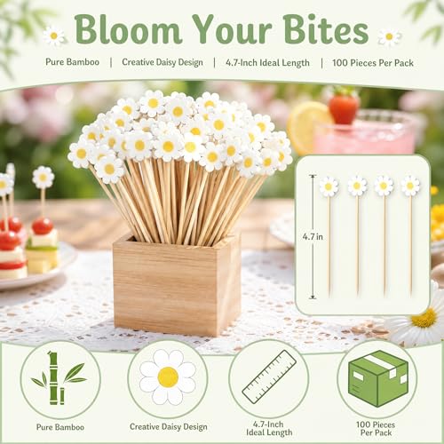 Daisy Cocktail Picks 100 Pack - 4.7 Inch Bamboo Appetizer Skewers for Party
