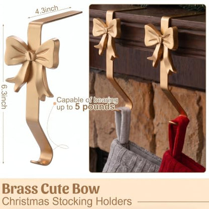 Christmas Stocking Holders Brass Bow Set - 6 Pcs Vintage Mantle Hooks