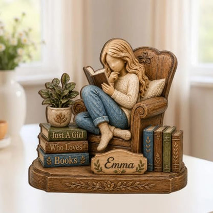 Personalized Girl Who Loves Books Wooden Block - Book Lover Shelf Decor - Book 02