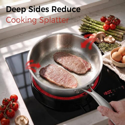 3.5 Quart Stainless Steel Deep Frying Pan with Lid - Tri-Ply Non-Stick Saute Pan
