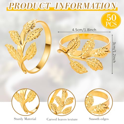 50 Pcs Gold Leaf Napkin Rings Set - Metal Napkin Holders for Weddings & Parties Small Leaves