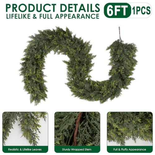 6FT Artificial Cedar Garland Christmas Decor Full Foliage Realistic Green