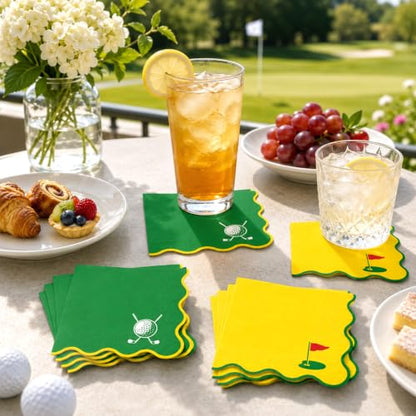 Golf Cocktail Napkins 50 Pack - Bright Yellow & Green, Scalloped 3-Ply Party Supplies