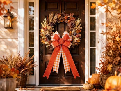 2PCS Fall Orange Burlap Ribbon Bows for Wreaths Halloween Thanksgiving Autumn Decor - Variation of 2pcs-m-fine Linen Fall Bows