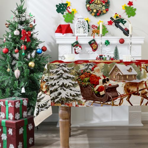 Reindeer Sled Christmas Tablecloth 60x104 Inches - Santa Snowflake Holiday Decor