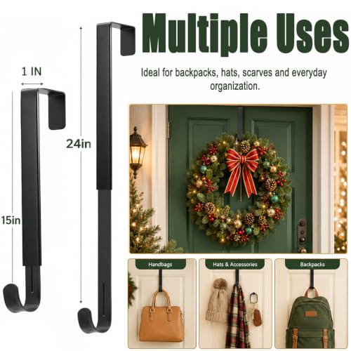 Heavy-Duty Adjustable Wreath Hanger for Front Door Black - Supports Up to 30 lbs