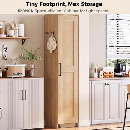 IRONCK Narrow Kitchen Pantry Cabinet - 72" Tall, Natural Wood Finish, Slim Storage