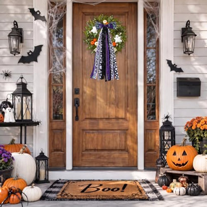 Halloween Wreath Sash for Front Door Black & Purple Ribbon Bows with Clip - Spooky Seasonal Decor