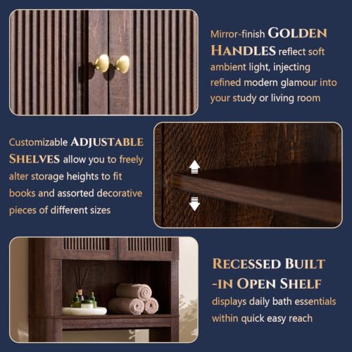 72-Inch Wooden Over The Toilet Bathroom Storage Cabinet - Brown, Arched Fluted Design