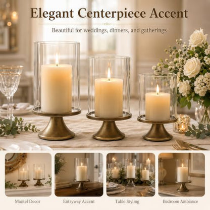 Set of 3 Hurricane Glass Candle Holders with Weighted Base for Pillar Candles