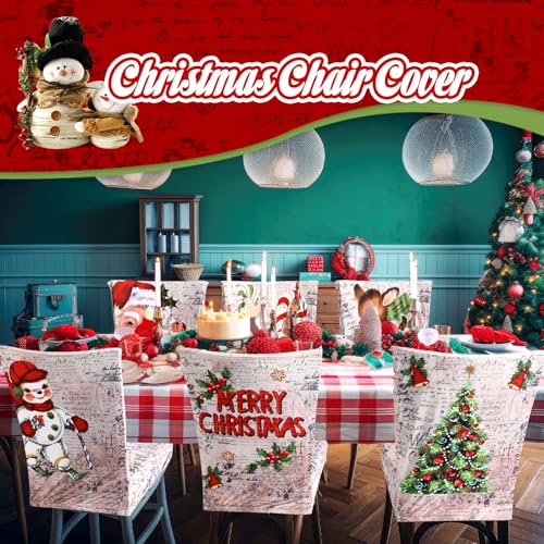 Wood Merry Christmas Chair Covers Set of 6 - Holiday Santa Snowman Elk