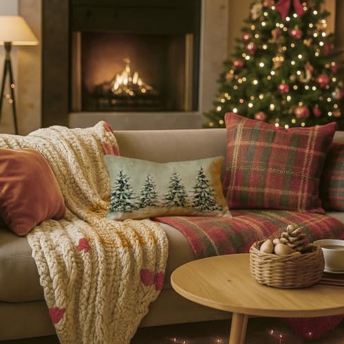 Sage Green Winter Christmas Tree Lumbar Pillow Cover 12x20 with Hidden Zipper - Pack of 1
