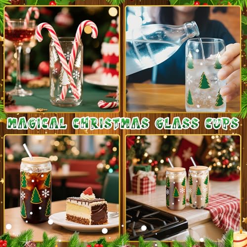 FillTouch 4 Pack Christmas Color Changing Glass Cups 16 oz with Lids & Straws - Variation 4