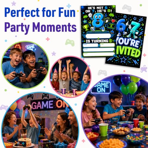 8th Boys Birthday Invitations Blue Party Invitations Gamer Teal Set