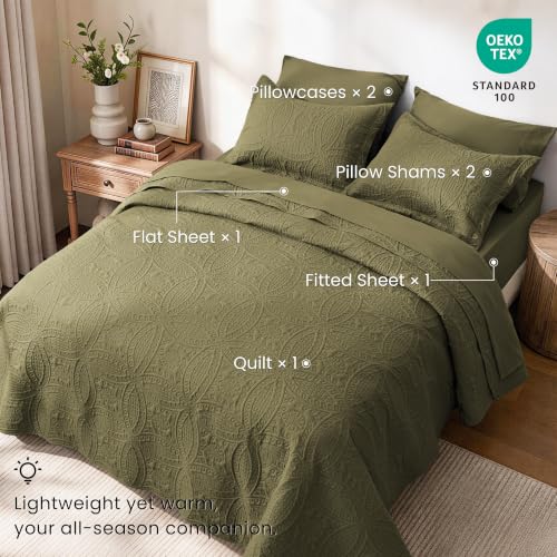 King Size Quilt Set with Sheet Set - Coin Pattern Green, 7 Pieces