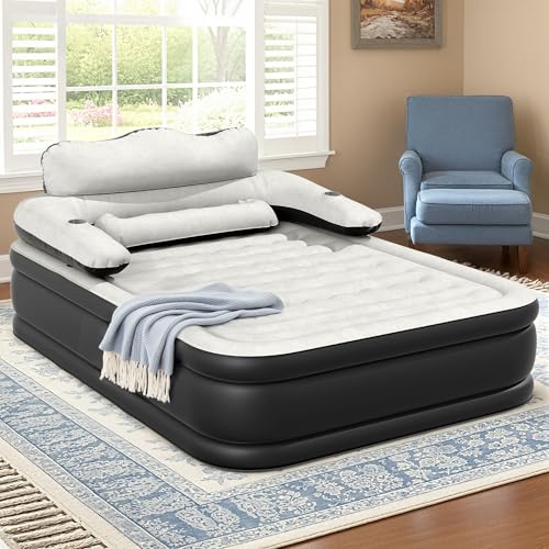 Queen Size Air Mattress with Headboard & Cup Holders, Portable Inflatable Bed