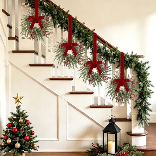 Mini Christmas Wreath Pine Needle 10 Inch Set of 4 for Kitchen Cabinets & Holiday Decor - Pine