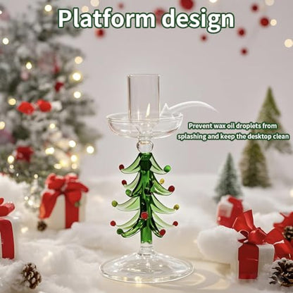 Green Christmas Tree Candle Holders Set of 3 - Rustic Glass Taper Candlesticks for Holiday Decor