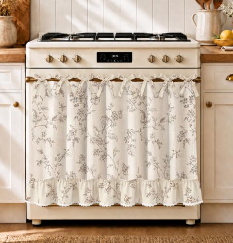 Farmhouse Oven Curtain with Tie Top - Taupe Floral Kitchen Decor