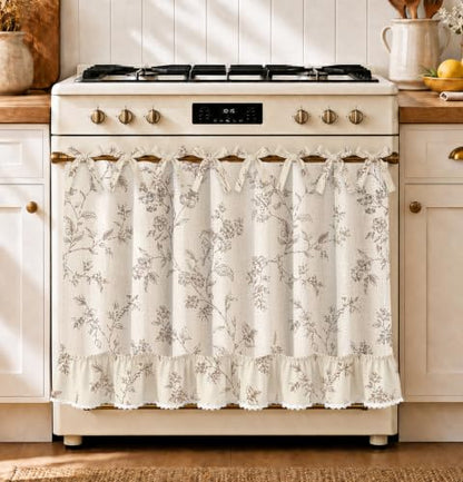 Farmhouse Oven Curtain with Tie Top - Taupe Floral Kitchen Decor