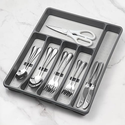 CherHome Silverware Organizer with Cutlery Icons，Silverware Tray for Kitchen Drawer，Plastic Flatware Tableware Silverware Drawer Organizer Utensil Organizer with Non-slip TPR Linings，6-Compartment