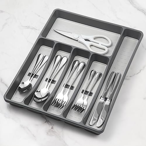 Silverware Organizer with Cutlery Icons，Silverware Tray for Kitchen Drawer，Plastic Flatware Tableware Silverware Drawer Organizer Utensil Organizer with Non-slip TPR Linings，6-Compartment，Pink