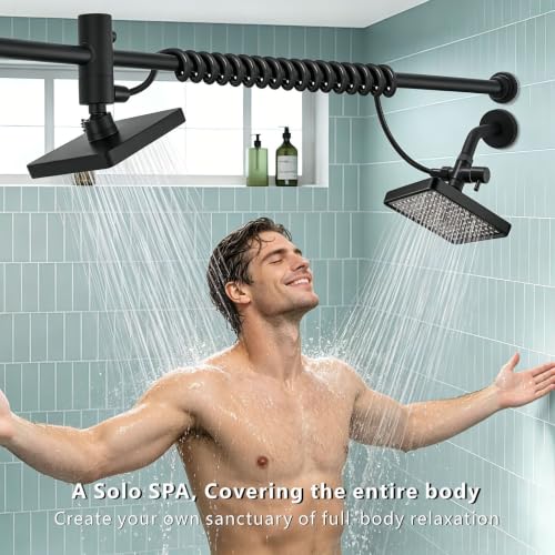 Dual Shower Head for Couples - 6-Inch Rain Shower with Adjustable Slider, Matte Black Square
