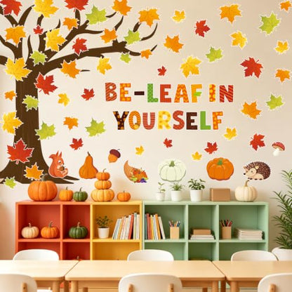 Fall Bulletin Board Decorations Autumn Tree Set with Pumpkins Maple Leaves and Squirrel - Large Variation