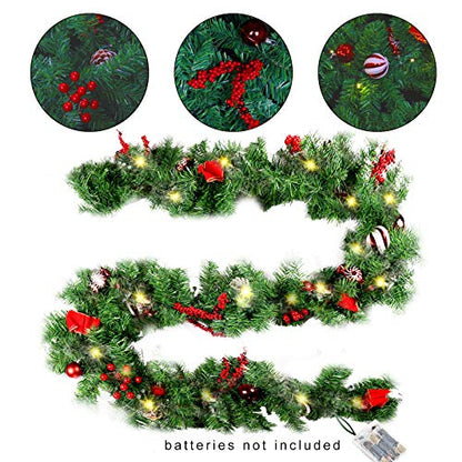 9 FT LED Christmas Garland with Pinecones Berries Bows & Lights