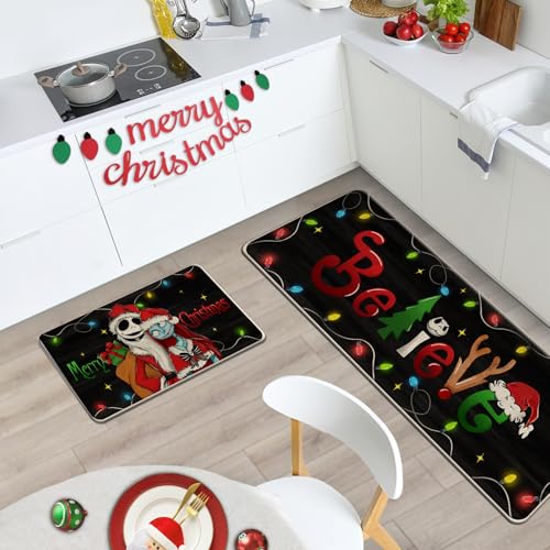 Christmas Kitchen Rugs Set of 2 Non-Slip Holiday Doormats - Jack & Sally Design