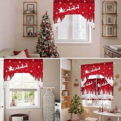 Christmas Reindeer Window Curtain Set with Valances - Red & White, 3 Pieces, 27.5"W x 36"L, Holiday Decor