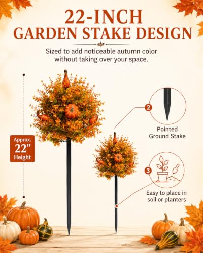 2pcs Artificial Fall Pumpkin Tree Stakes 22 Inch Orange Topiary with Eucalyptus