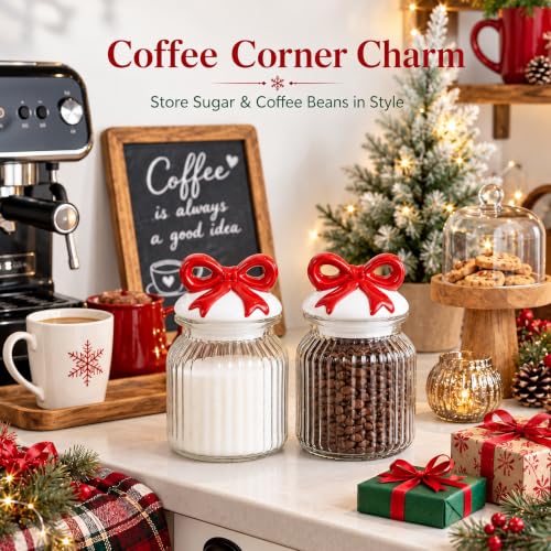 Red Bow Christmas Glass Jar Set with Lids - Holiday Canister Storage