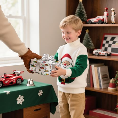 Race Car Christmas Wrapping Paper - White with Holiday Cars & Snowflakes - 4 Sheets, 28x40 Inches - Variation: White