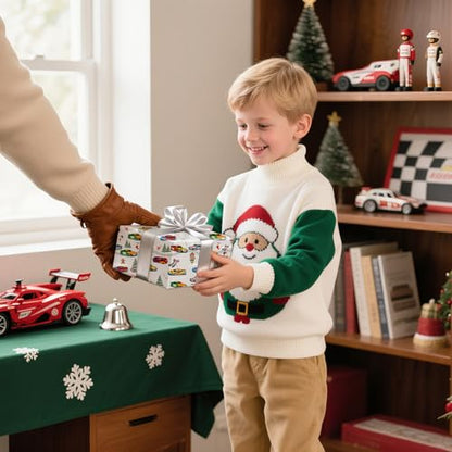 Race Car Christmas Wrapping Paper - White with Holiday Cars & Snowflakes - 4 Sheets, 28x40 Inches - Variation: White
