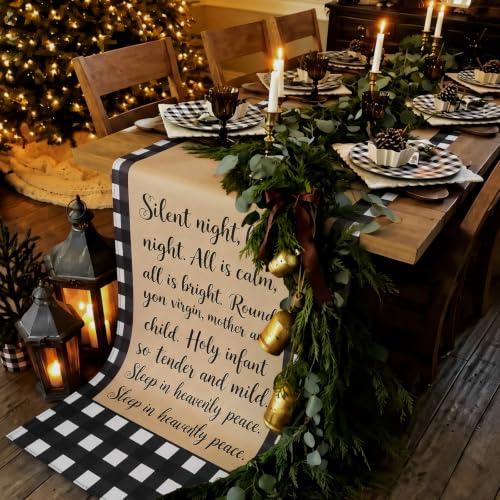 Silent Night Christmas Table Runner Black & White Plaid 25x118 Inches - Holiday Decor