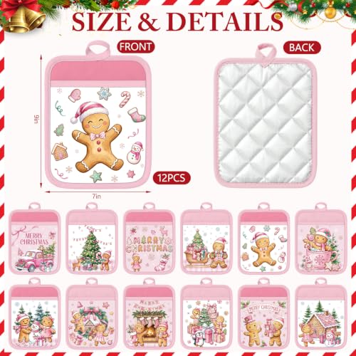 Christmas Pot Holders with Pockets - Pink Gingerbread Holiday Kitchen Accessories