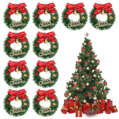 Mini Christmas Wreath Ornaments 6.5cm Holiday Decor Set with Bows Bells & Sign