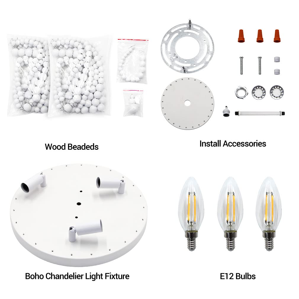 SUNOVO Beaded Chandelier Light Fixture, Boho Light Fixtures Ceiling White, Wood Bead Flush Mount Ceiling Light, 3-Lights Bead Ceiling Lights for Bedroom, Dining Room, Hallway, Nursery Lighting