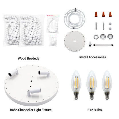 SUNOVO Beaded Chandelier Light Fixture, Boho Light Fixtures Ceiling White, Wood Bead Flush Mount Ceiling Light, 3-Lights Bead Ceiling Lights for Bedroom, Dining Room, Hallway, Nursery Lighting